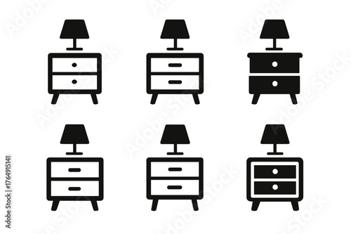 Minimalist Bedroom Logos. A Soft and Calming Bedroom with Ambient Lighting. Set Logo of Bedside Table: Minimal outline, Negative space, Flat solid, Symmetrical