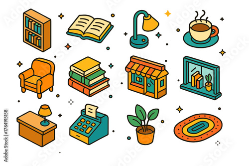 Independent Bookshop Icons. Independent bookshop. Colorful isometric vector icons set of independent bookshop: bookshelf, open book, reading lamp, coffee cup,