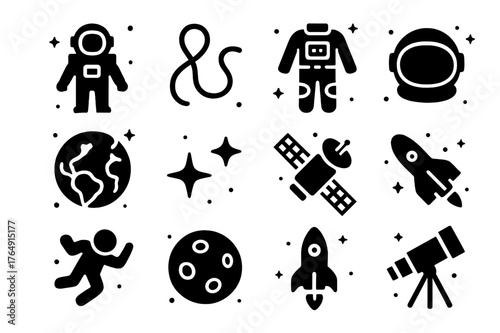 Spacewalk Icons Collection. Spacewalk Adventure. Solid icons set of Spacewalk Adventure: astronaut, tether, space suit, helmet, Earth, stars, satellite,