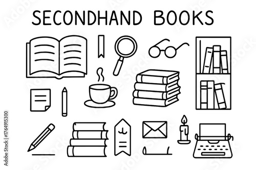 Secondhand Books Doodles. Secondhand books. Hand-drawn doodle illustration secondhand books open book, stack of novels, magnifying glass, glasses, bookmark,