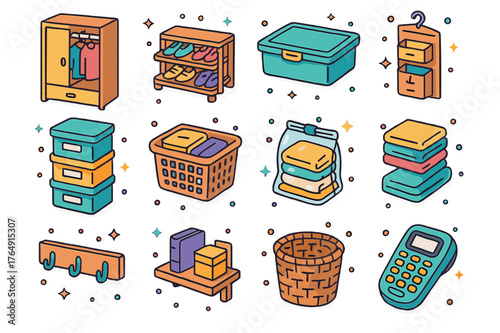 Colorful Storage Icons. Home organization storage. Colorful isometric vector icons set of Home organization storage: wardrobe, shoe rack, under-bed box,