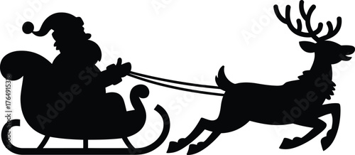Santa Claus silhouette is riding his sleigh pulled by a reindeer across the sky