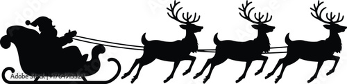 Santa Claus in his sleigh being pulled by three reindeers is shown in silhouette