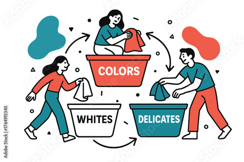 Laundry Basket Flowchart. Organizing Laundry Baskets. Three geometric bins labeled ?Whites,? ?Colors,? and ?Delicates? form a tidy triangle. Floating arrows