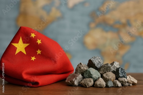 A red bag with the Chinese flag sits beside a pile of rocks, set against a blurred world map background, symbolizing trade and resources.