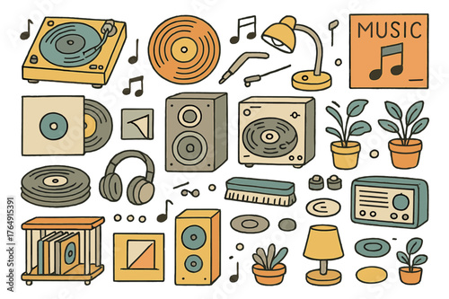 Classic Vinyl Collection. Music collection. Hand-drawn doodle illustration record player (colored), vinyl records (colored), turntable (colored), speaker