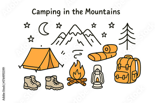 Mountain Camping Doodle. Camping in the Mountains. Hand-drawn doodle illustration tent (colored), campfire, backpack (colored), boots, sleeping bag (colored),