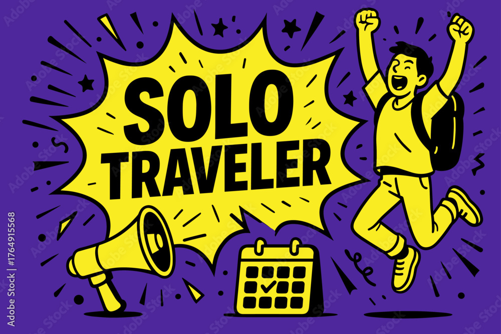 Fototapeta premium Solo Traveler Excitement. Solo Traveler banner, flat vector illustration, bold oversized text inside comic burst banner, cartoon characters jumping and