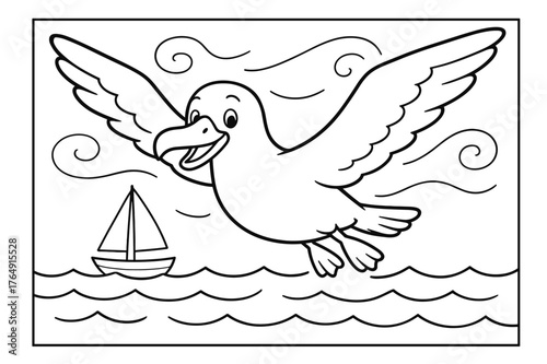 Albatross Coloring Page. Albatross soaring children?s coloring book illustration, outlined drawing, a large happy albatross gliding over the sea with a boat