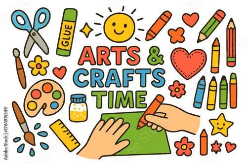 Creative Kids' Crafting. Arts and crafts time. Colorful Hand-drawn doodle Children illustration Arts and crafts time scissors, glue stick, crayons, colored