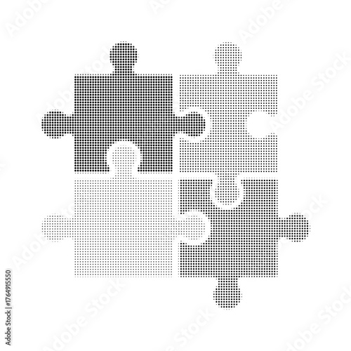 Black and white halftone puzzle pieces. Retro dotted style vector illustration for logic, teamwork, and creativity concepts.