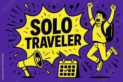 Solo Traveler Excitement. Solo Traveler banner, flat vector illustration, bold oversized text inside comic burst banner, cartoon characters jumping and