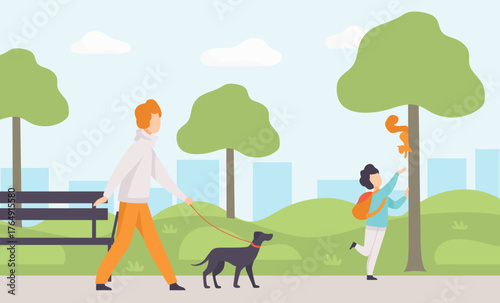 Man and Kid at Nature Enjoy Outdoor Activity Vector Illustration