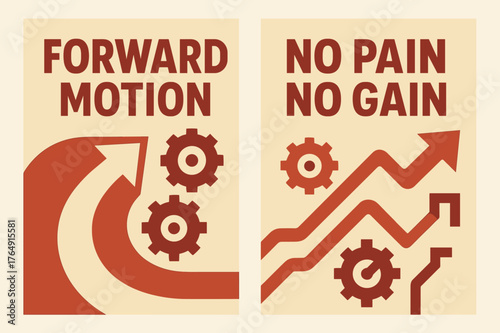 Forward Motion Banners. Forward motion. Two vertical A6 banners with safe margins, centered composition, no elements touching edges, flat vector design, red