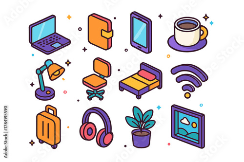 Colorful Office Essentials. Portable office. Colorful isometric vector icons set of portable office: laptop, notebook, smartphone, coffee cup, desk lamp,