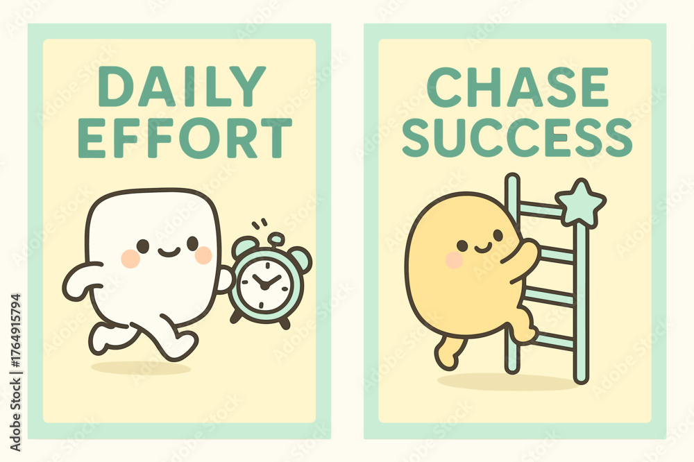 Fototapeta premium Kawaii Motivation. Daily effort. Two vertical A6 banners with safe margins, centered composition, no elements touching edges, kawaii, pastel mint and yellow,