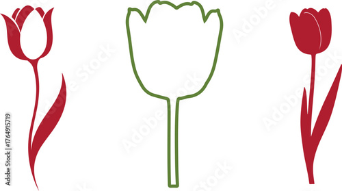Three stylized tulips red and green outline flower