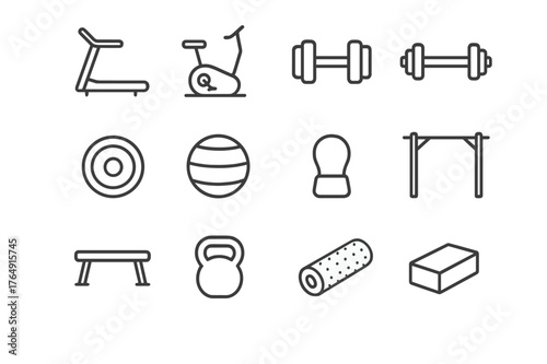 Fitness Icons Collection. Fitness Equipment. Line icon set of Fitness Equipment: treadmill, stationary bike, dumbbell pair, barbell, weight plate, gym ball,