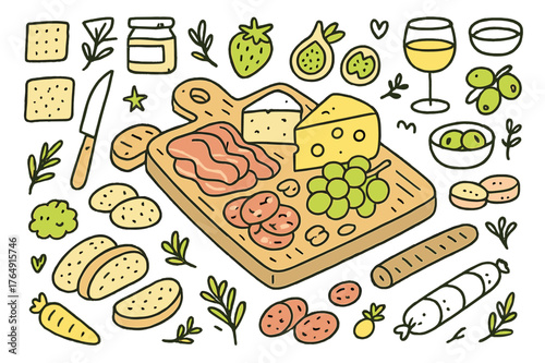 Colorful Cheese Board. Cheese and meat board. Hand-drawn doodle illustration sliced meats (colored), cheese wedges (colored), grapes (colored), strawberries