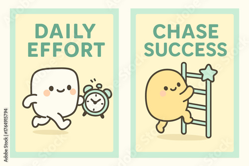 Kawaii Motivation. Daily effort. Two vertical A6 banners with safe margins, centered composition, no elements touching edges, kawaii, pastel mint and yellow,