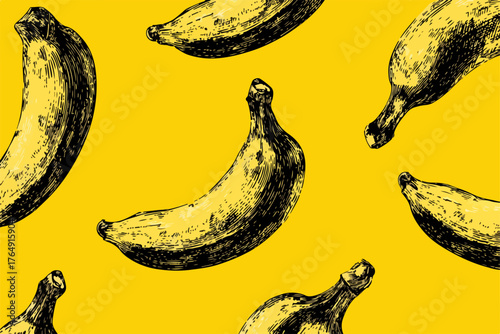 생동감 넘치는 노란색 배경에 섬세하게 스케치된 바나나 일러스트가 반복적으로 배치되어, 신선하고 독특한 시각적 패턴을 형성하며 현대적인 디자인 요소를 제공합니다.