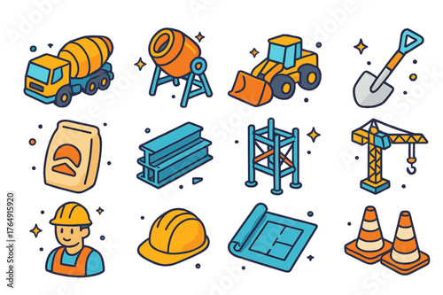Concrete Construction Icons. Concrete works. Colorful isometric vector icons set of concrete works: cement truck, rotating drum, wheel loader, shovel, cement