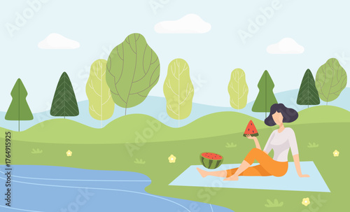 Woman at Nature Enjoy Outdoor Activity Have Picnic Vector Illustration