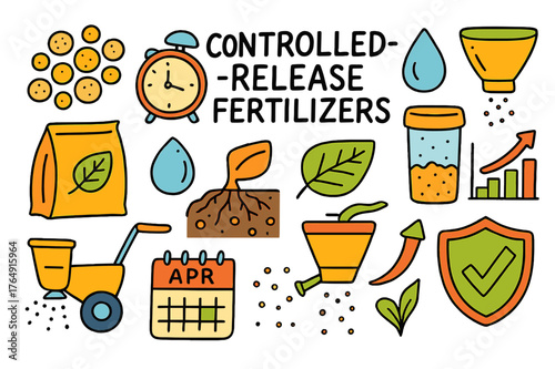 Fertilizer Efficiency Doodles. Controlled-release fertilizers. Colorful Hand-drawn doodle Children illustration Controlled-release fertilizers coated granules,