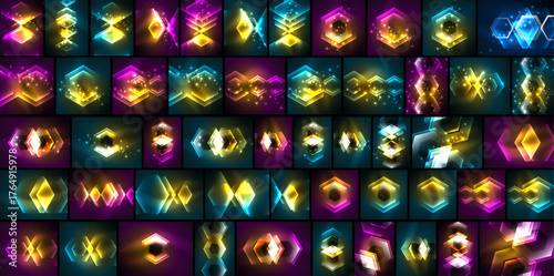 Bright neon icons, geometric shapes, vibrant colors. Patterns repeat, creating digital visual elements.