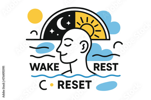 Balanced Sleep Cycle. Circadian Rhythm Balance. A sunrise clock arcs from night to day behind a calm face; ?Wake ? Rest ? Reset? floats in rhythm lines. Rays