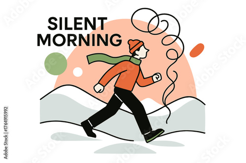 Silent Morning Illustration. Morning Smoke Trail. Pale blue snow, soft pink sky, and one thin smoke line curling into abstract circles. ?Silent Morning? rests
