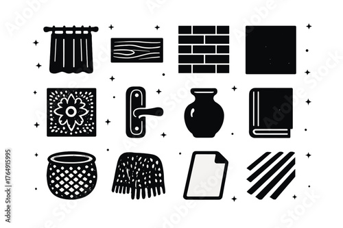 Window Texture Icons. Window Light and Textures. Solid icons set of Window Light and Textures: linen curtain, wood grain sill, brick wall, frosted glass, lace