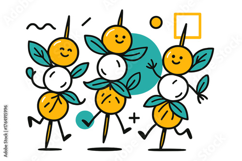 Colorful Caprese Skewers. Caprese Skewers. Colorful caprese skewers with cherry tomatoes, mozzarella, and basil leaves with floating abstract geometric shapes,