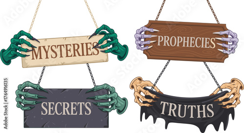 Fantasy illustration of hanging wooden signs held by monster claws, featuring mysterious words mysteries, secrets, prophecies, truths, spooky gothic artwork