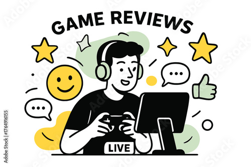Interactive Game Review. Game Reviews. Reviewer live streaming first impressions of a game, floating abstract stars, emojis, and chat bubbles, interactive and