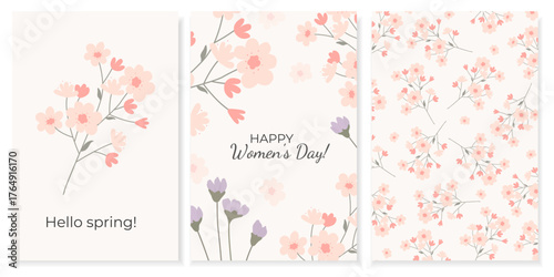 Set of minimalist floral vector templates. Includes greeting cards for Women's Day, spring, and a seamless pattern. Delicate hand-drawn flowers in pastel colors. Perfect for posters and invitations