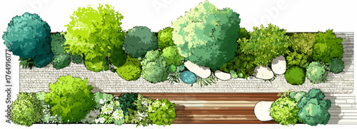 다양한 녹색 식물과 나무, 조경석으로 꾸며진 정원의 위에서 본 모습으로, 디자인 및 계획에 활용될 수 있는 아름다운 벡터 일러스트레이션입니다.