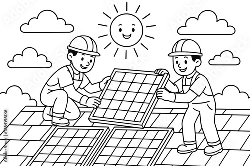 Solar Panel Coloring. Solar panel installations children?s coloring book illustration, outlined drawing, smiling workers placing solar panels on a sunny