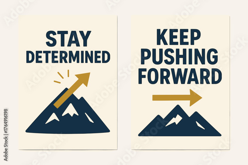 Navy and Gold Banners. Stay determined. Two vertical A6 banners with safe margins, centered composition, no elements touching edges, bold, navy and gold,