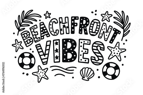 Beachfront Lettering Art. Beachfront Vibes ? playful decorative display lettering; patterned letters (dots/stripes/stars), gently arched word-shape; framed