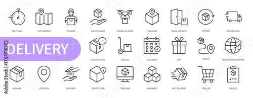 Delivery icon set. Destination, courier, drone, tracking, invoice, worldwide shipping, notification, package, location, protection, shipment, trolley, box, etc. Vector illustration. Editable stroke.de