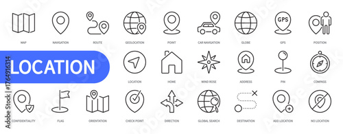 Location icon set. Map, navigation, geolocation, point, globe, gps, compass, position, wind rose, home, address, pin, orientation, direction, global search, etc. Vector illustration. Editable stroke.