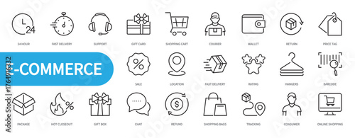 E-commerce icon set. Online shopping, courier, wallet, barcode, price tag, sale, location, rating, hangers, package, gift box, refund, tracking, consumer, etc. Vector illustration. Editable stroke.