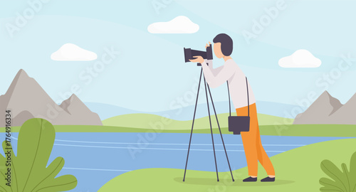 Man Take Photo at Nature Enjoy Outdoor Activity Vector Illustration