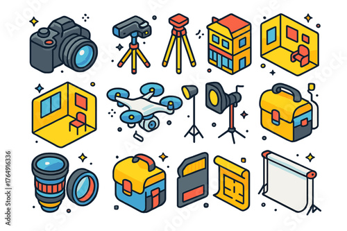 Commercial Photography Icons. Commercial photography. Colorful isometric vector icons set of commercial photography: DSLR camera, tripod, building facade,