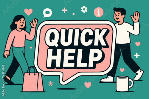 Mary Help Banner. Quick Help, Mary banner, flat vector illustration, bold oversized text inside sticker outline banner, cartoon characters walking and waving