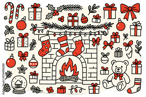 Festive Fireplace Doodle. Holiday cheer. Hand-drawn doodle illustration Christmas stockings (colored), fireplace (colored), mantel (colored), candy canes