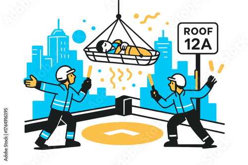 Rescue on Rooftop. Urban Rooftop Lift. A neon skyline frames a clean LZ; rescuers guide with wands as the patient rises in a basket. ?ROOF 12A? hovers on a