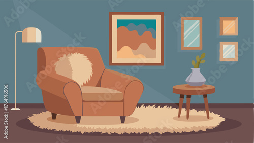 A cozy corner with a plush leather armchair a fluffy area rug and a large abstract painting on the wall.