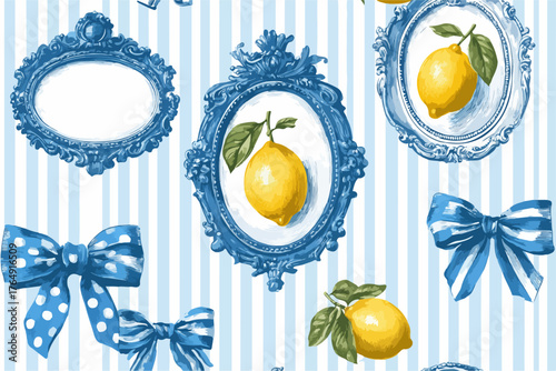 화사한 파란색 줄무늬 배경 위로 섬세하게 장식된 빈티지 액자 안에 신선한 레몬이 담겨 있고, 사랑스러운 리본들이 어우러져 여름날의 상큼함과 고전적인 아름다움을 동시에 선사하는 매력적인 벡터 패턴 일러스트레이션입니다.